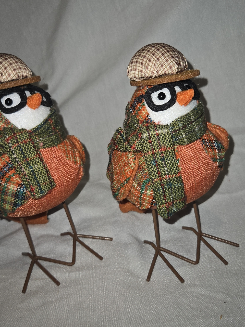 2 Hobby Lobby Orange and Green Plaid Fabric Bird Ornament with Hat